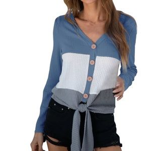 Long Sleeve ColorBlock TieUp Waffle Knit S…